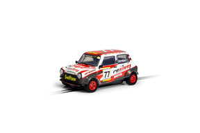 Red and white race car model of a Mini Miglia from the JRT Racing Team for Scalextric C4344, front view