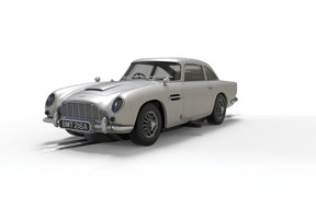 Silver Aston Martin DB5 model car, front view, on white surface for Scalextric C4436