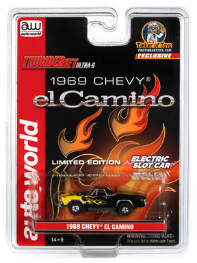 Black and yellow flame 1969 Chevy El Camino toy car packaging for Auto World CP7821