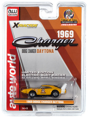 Yellow 1969 Dodge Charger Daytona toy car in blister packaging for Auto World CP7829