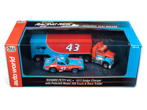 Richard Petty 1972 Dodge Charger and Peterbilt 359 race trailer toy set for Auto World CP7900
