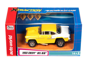 Yellow and white 1955 Chevy Bel Air toy car in its box for Auto World CP7983, package view, product view 1