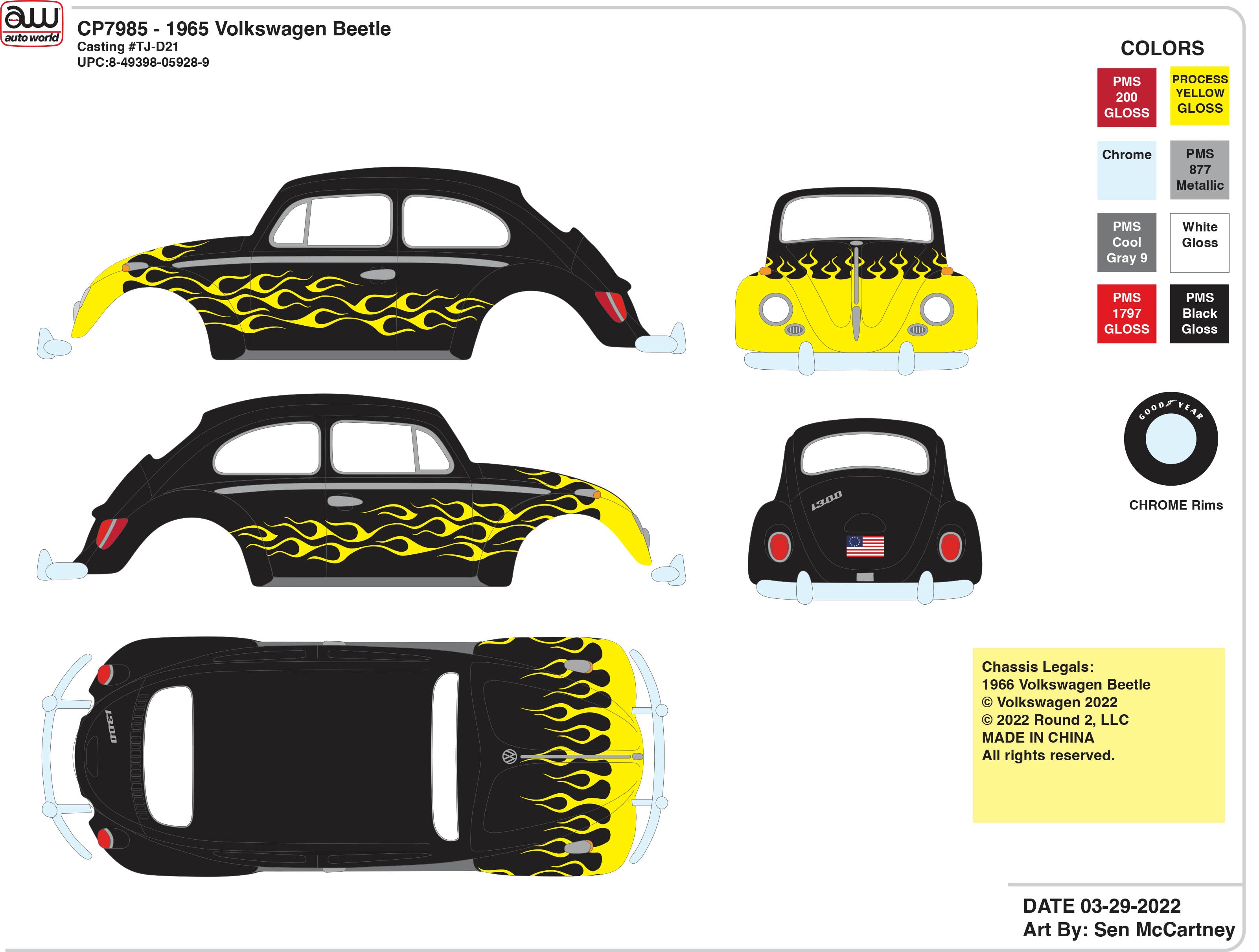1965 Volkswagen Beetle Black with Yellow Flames | CP7985 | Auto