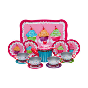 Colorful cupcake tin tea set with cups and creamer for Schylling CPTS, front view