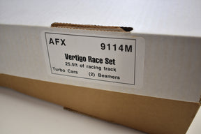 Box label showing AFX 9114M Vertigo Race Set for slot cars for Tomy AFX AURORA