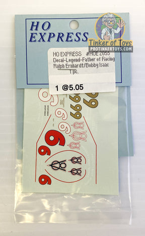 Decal sticker pack for slot cars, featuring racing themes and numbers for HO Express 2050-2059