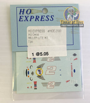 Slot car decal sticker pack featuring HO Express and Miller Lite logos for 2100-2109