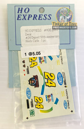 Slot car decal sticker pack for HO Express, featuring DuPont and Monte Carlo logos for 2090-2099