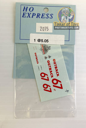 Slot car decal sticker pack featuring "HO Express" and "Outback 67 67" for 2070-2079