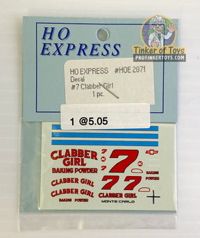 Slot car decal sticker pack featuring "Clabber Girl" and "Baking Powder" branding for HO Express 2070-2079