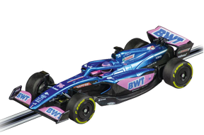 Alpine F1 race car model, blue and pink livery, on a display stand for Carrera 20064206