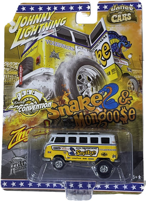 Die-cast toy vehicle: yellow VW bus with "Snake Zinger" graphics for Johnny Lighting JLCP7412