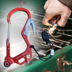 Red carabiner multitool with attached device, shown near metal pipes for Outdoor Element BlackForest