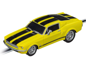 Yellow Mustang model with black racing stripes, viewed from the side for Carrera 20064212
