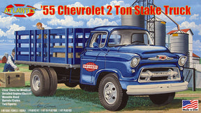 Blue 1955 Chevrolet stake truck model kit with trailer, ready for assembly for Atlantis ALM1401