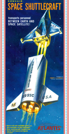 Space shuttlecraft model kit showing a shuttle and booster launching into space for Atlantis Model Co ALM1828