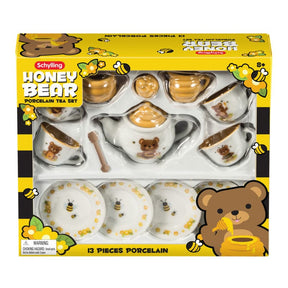 Porcelain tea set with honey bear designs, including cups, saucers, and creamer for Schylling HBTS