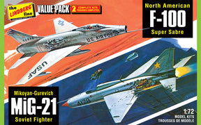 Two scale model kits: North American F-100 and Mikoyan-Gurevich MiG-21 for Lindberg HL432/12