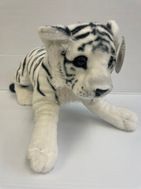 Stuffed white tiger toy with black stripes, sitting down for Real Planet TC48WH