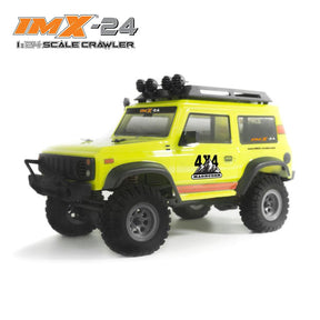 Yellow 1:24 scale crawler vehicle with off-road tires and roof rack for IMX IMX25060, rear view