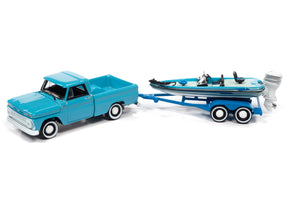 Blue toy truck towing a boat on a trailer for Johnny Lightning JLBT015
