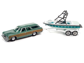 Green car and white boat on trailer toy set for Johnny Lightning JLBT015
