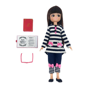 Doll with striped top and pants, book, and accessory for storytelling play for Lottie LT164