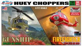 Green gunship and red firefighter Huey chopper model kits, 1/72 scale for Atlantis Model Co ALM1026