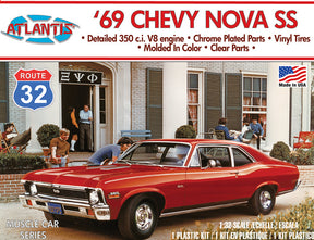 Red 1969 Chevy Nova SS model kit, 1/32 scale, assembled car for Atlantis Model Co ALM2006