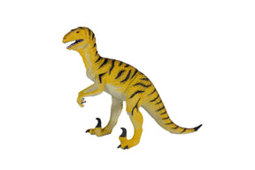 Yellow, stuffed velociraptor toy standing in a dynamic pose for Mamejo MAJ32002
