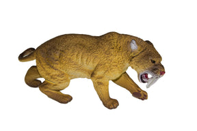 Sabre-toothed cat toy, brown, with a plastic toy prey item in its mouth for Mamejo MAJ35000