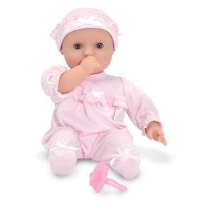 Doll in pink outfit with pacifier, lying down for Melissa and Doug 4881