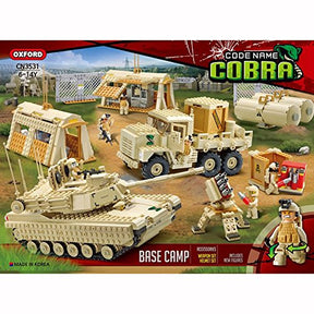 Lego set displaying military base camp with tanks, vehicles, and figures for Oxford OXF3531