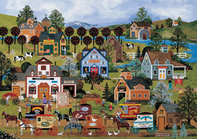 Village scene with shops, farms, and people in a colorful puzzle layout for PuzzleLife PLF1114