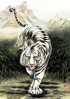 White tiger stalks through tall grass in a misty, mountainous landscape for PuzzleLife PLF1137