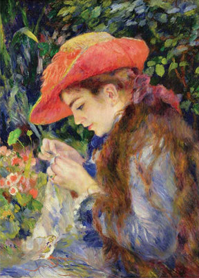 Woman in red hat knits by flowers in a garden setting for PuzzleLife PLF1144