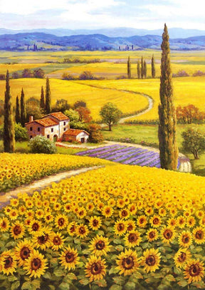Vibrant field of sunflowers with cypress trees and rolling yellow landscape for PuzzleLife PLF1172