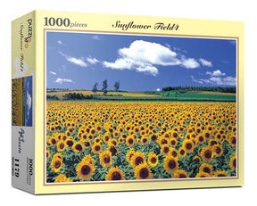 Sunflower field puzzle box, 1000 pieces, vibrant yellow flowers under blue sky for PuzzleLife PLF1179
