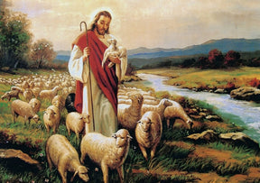 Jesus tends to a flock of sheep in a green, pastoral landscape by a river for PuzzleLife PLF1220