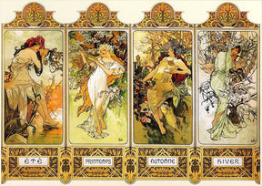 Four panels depicting spring, summer, autumn, and winter scenes with figures for PuzzleLife PLF1232