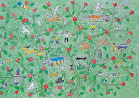 Whimsical scene of characters and animals among green foliage and red flowers for PuzzleLife PLF1290