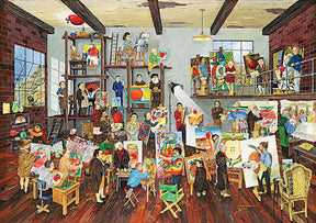 Art studio scene with many artists painting and working on canvases for PuzzleLife PLF1341