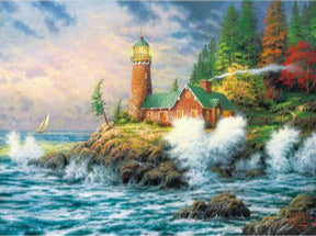 Lighthouse on a rocky coast with waves crashing and green trees for PuzzleLife PLF5002