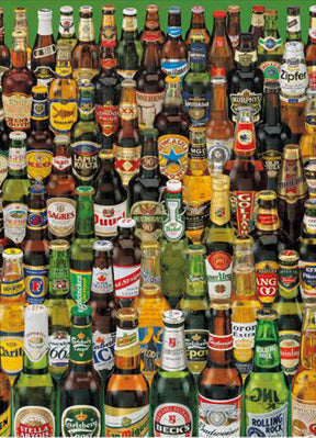 Assortment of beer bottles and cans arranged in a dense, colorful display for PuzzleLife PLF669