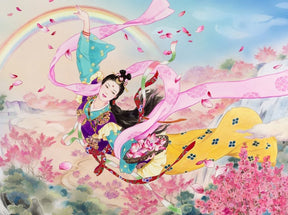 Goddess in flowing robes floats through pink cherry blossoms under a rainbow for PuzzleLife PLF784