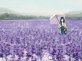 Woman with umbrella in a vast, purple lavender field under a soft sky for PuzzleLife PLF861