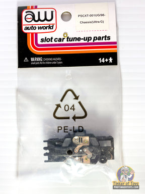 Slot car tune-up parts in clear packaging with warning label for Auto World PSCXT