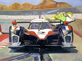 Slot car race car on track with desert mountains in the background for Timothy W. Young 11”x14”