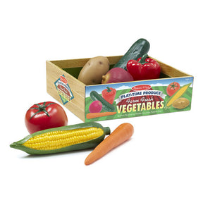 Toy play food vegetables in a wooden crate with corn and tomatoes for Melissa and Doug 4083