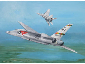 Two vintage naval jets fly low over a green landscape under a bright sky for Trumpeter 1616